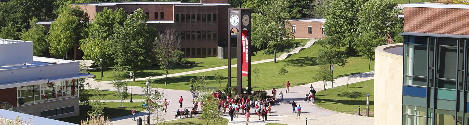 Students gathered around the clock tower